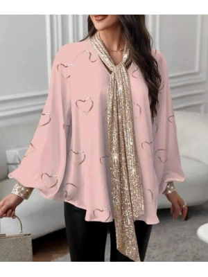 Kadın V Yaka Kalp Baskılı Fular Dahil Fırsat ürün alaş Bluz