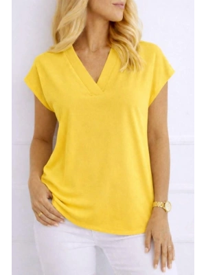 Kadın V Yaka Kısa Kol Dokuma Viskon Kumaş Bluz