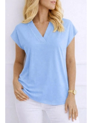 Kadın V Yaka Kısa Kol Dokuma Viskon Kumaş Bluz