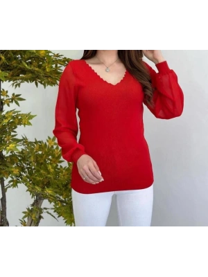 Kadın V Yaka Kolları Dökümlü Tül Detay Triko Bluz