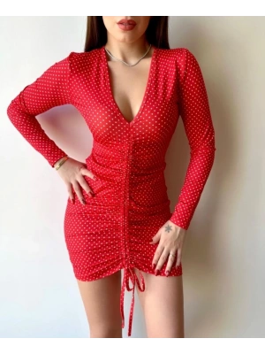 Kadın V Yaka önü Asansör Büzgü Detay Fırsat ürün Puantiyeli Mini Elbise