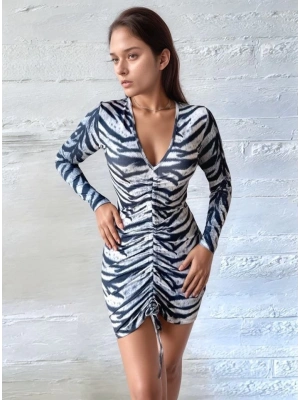Kadın V Yaka önü Asansör Büzgü Detay Fırsat ürün Zebra ini Elbise