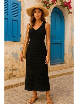 Kadın V Yaka Tam Askılı Tam Boy Ajurlu Triko Elbise