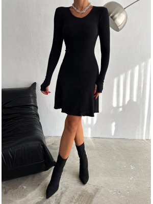 Kadın V Yaka Uzun Kollu ırtı Ayarlanabilir Kopça Detay Kaşkorse Mini Elbise