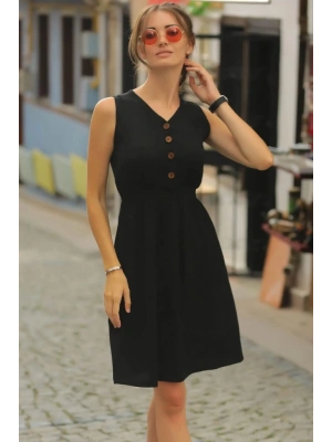 Kadın V Yakalı önden Düğme Detay Beli Lastikli Keten Kısa Elbise