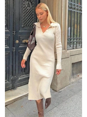 Kadın V Yakauzun Kollu Midiboy Triko Elbise