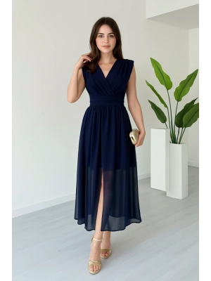 Kadın Vatkalı Şifon Kolsuz Kruvaze Yaka Yırtmaç Detaylı Şık Midi Elbise