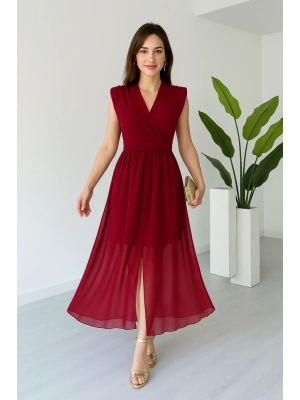 Kadın Vatkalı Şifon Kolsuz Kruvaze Yaka Yırtmaç Detaylı Şık Midi Elbise