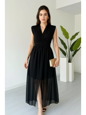 Kadın Vatkalı Şifon Kolsuz Kruvaze Yaka Yırtmaç Detaylı Şık Midi Elbise