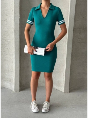 Kadın Yakalı Kolları şeritli Mini Boy Kısa Kollu Elbise