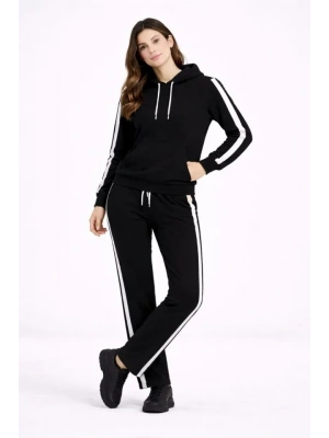 KADIN Yandan Şeritli Eşofman Takım Kapüşonlu weatshirt Boru Paça Alt, Oversize 3 Iplik Pamuklu  iyah