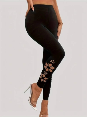 Kadın Yanları Lazer çiçek Kesim Yüksek Bel Dalgıç Tayt