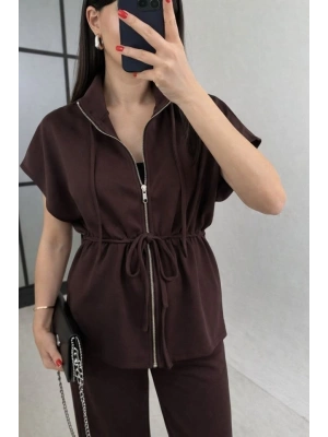 Kadın Yarasa Kol Fermuar Ve Lastikli Bağcık Detay Ceket Pantolon Ikili Takım