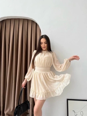 Kadın Yarım Balıkçı Yaka Kolları Transparan Astarlı Full şifon Elbise