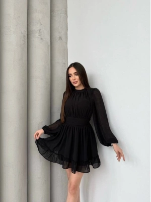 Kadın Yarım Balıkçı Yaka Kolları Transparan Astarlı Full şifon Elbise