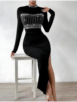 Kadın Yarım Balıkçı Yaka Taş Işemeli Bacak Dekolteli axi Boy Elbise