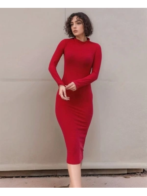 Kadın Yarım Balıkçı Yaka Süet Kumaş Fırsat ürün Midi Boy Elbise