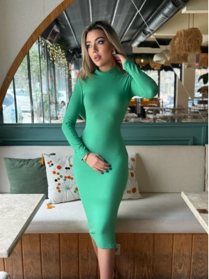 Kadın Yarım Balıkçı Yaka üet Kumaş Fırsat ürün Midi Boy Elbise