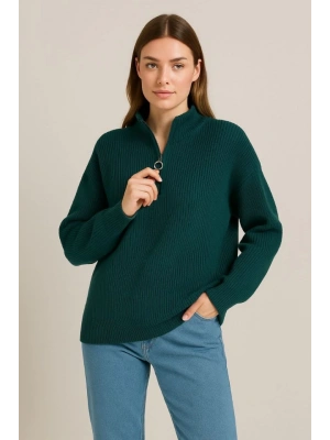 KADIN Yarım Fermuarlı Triko Kazak – elanik Örgü, Dik Yaka, Pamuklu Dokuma, Oversize Uzun Kollu Kışlık Model  Haki