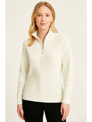 KADIN Yarım Fermuarlı Triko Kazak – elanik Örgü, Dik Yaka, Pamuklu Dokuma, Oversize Uzun Kollu Kışlık odel  Beyaz