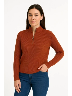 KADIN Yarım Fermuarlı Triko Kazak – Selanik Örgü, Dik Yaka, Pamuklu Dokuma, Oversize Uzun Kollu Kışlık odel  Kiremit