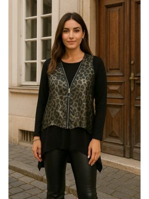 Kadın Yılan Desen Fermuar Detay Yelek Ve Asimetrik Kesim Bluz Salaş Ikili Takım