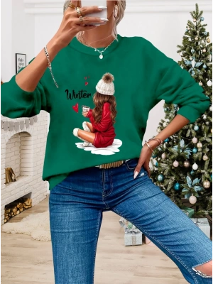 Kadın Yılbaşı özel Uzun Kollu Bisiklet Yaka Desenli Viskon Iki Iplik Bluz