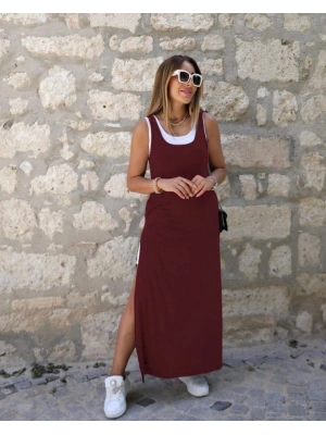 Kadın Yırtmaç Detaylı Viskon Kumaş Maxi Boy Cepli Iç Dahil Ikili Elbise