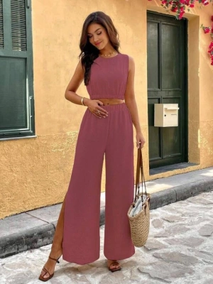 Kadın Yırtmaçlı Geniş Paça Pantolon astikli Kolsuz Bluz Takım