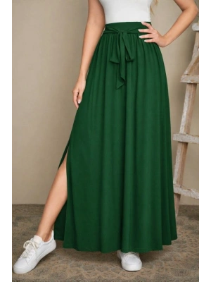 Kadın Yüksek Bel Bei Kuşaklı Yandan Yırtmaçlı Uzun Sandy Etek