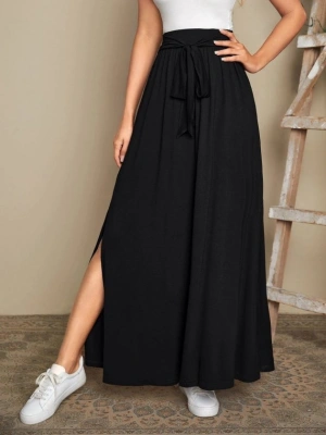 Kadın Yüksek Bel Bei Kuşaklı Yandan Yırtmaçlı Uzun Sandy Etek