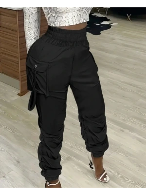 Kadın Yüksek Bel Beli Lastikli Kargo Cep Detaylı Gabardin Pantolon