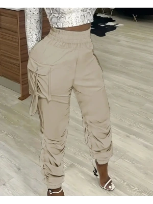 Kadın Yüksek Bel Beli Lastikli Kargo Cep Detaylı Gabardin Pantolon