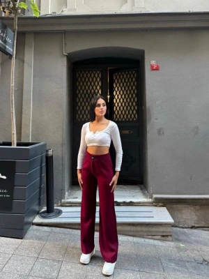 Kadın Yüksek Bel Beli Laztikli Triko Palazzo Pantolon