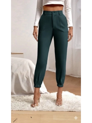 Kadın Yüksek Bel Cepli Paçası Lastikli Ithal Krep Pantolon