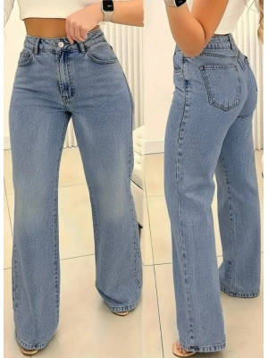 Kadın Yüksek Bel Cepli Paçaya Doğru Geniş Kot Pantolon