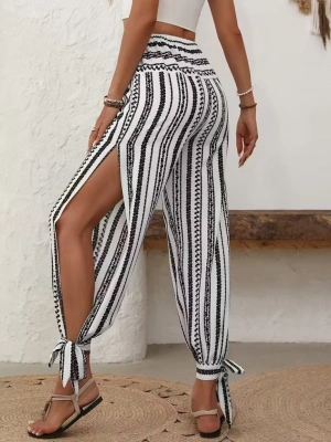 Kadın Yüksek Bel Desenli Paçadan Bağlamalı Yanları Yırtmaçlı Süprem Pantolon