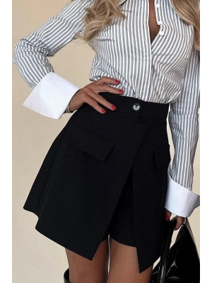 Kadın Yüksek Bel Düğmeli Asimetrik Kesim Cepli Kısa Ithal Krep şort Etek