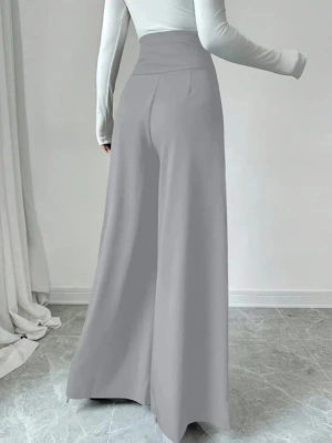 Kadın Yüksek Bel Düğmeli Geniş Paçalı Ithal Krep Pantolon