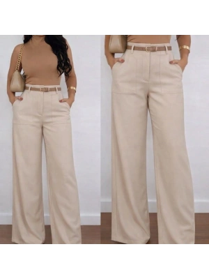 Kadın Yüksek Bel Geniş Paça Detaylı Cepli Ithal Krep Pantolon