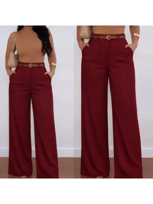 Kadın Yüksek Bel Geniş Paça Detaylı Cepli Ithal Krep Pantolon