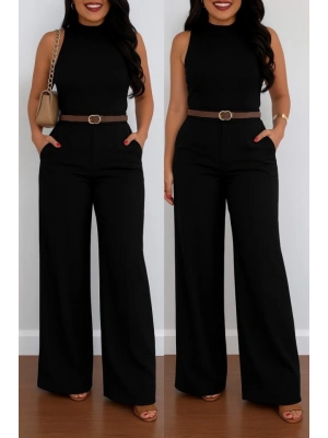 Kadın Yüksek Bel Geniş Paça Detaylı Cepli Ithal Krep Pantolon