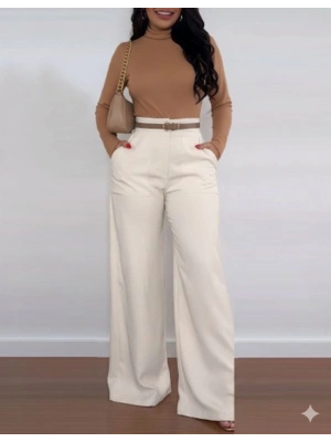 Kadın Yüksek Bel Geniş Paça Detaylı Cepli Ithal Krep Pantolon