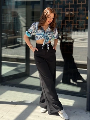 Kadın Yüksek Bel Geniş Paça Detaylı Cepli Ithal Krep Pantolon