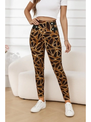 Kadın Yüksek Bel Kaz Ayağı Desenli Yan şerit Düğme Detaylı Dalgıç Pantolon