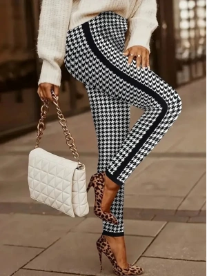 Kadın Yüksek Bel Kaz Ayağı Desenli Yanları şeritli Dalgıç Pantolon