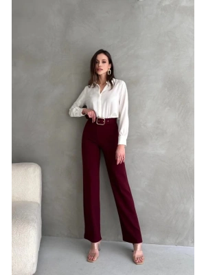 Kadın Yüksek Bel Krep Kumaş Full ikralı Ispanyol Paça Kemer Dahil Pantolon