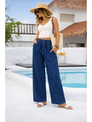 Kadın Yüksek Bel Lastik Detay Bol Paça Pantolon