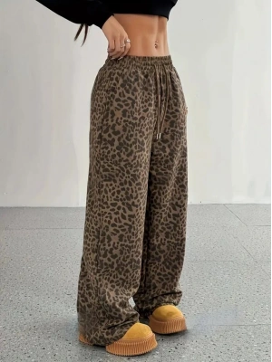 Kadın Yüksek Bel Lastikli Bağcıklı Geniş Kesim Iki Iplik Pantolon