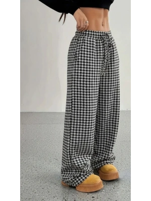 Kadın Yüksek Bel Lastikli Bağcıklı Geniş Kesim Kazayağı Dalgıç Pantolon